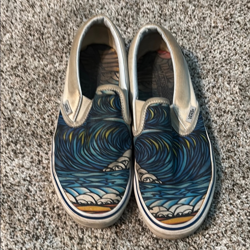 Vans Slip-On Sneakers - Blue and Cream Ocean Design